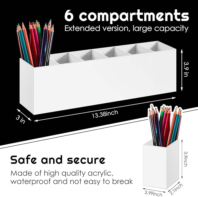 Jetec Acrylic Pen Holder 6 Compartments Makeup Brush Stationery Organizer Pencil Holder for Desk Accessories, Cosmetic Brushe