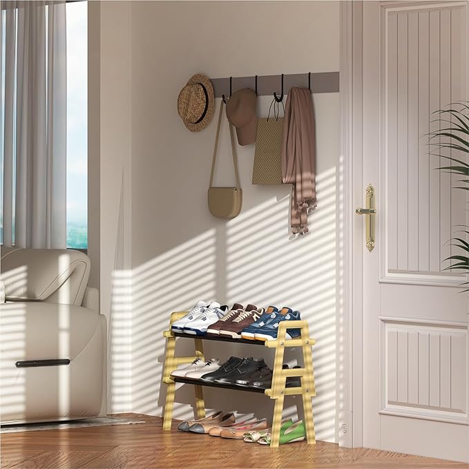 2-Tier Stackable Bamboo Shoe Rack, Free Standing Shoe Storage Organizer for Entryway, Closet, Doorway - Natural Wood Shoe She