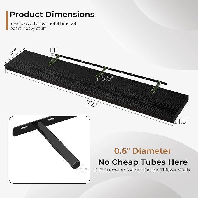 Fun Memories 72 Inch Floating Shelves for Wall, Fireplace Mantel Shelf with Invisible Heavy Duty Bracket, 8 Inch Deep Storage