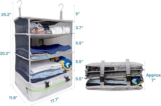 Grand Fusion Stow-N-Go Packing Organizer for Luggage, Portable Hanging Travel Shelves, Carry-On Closet, Hanging Packing Cubes