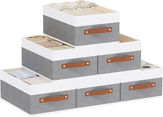Clothing Storage Boxes, Drawer Organizers with Handles, Cube Organizer Bin for Organizing, 13 × 9.1 × 5.5 Inch, White and Gre