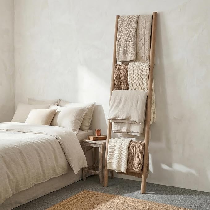 Wooden Blanket Ladder - 76in(7-Rung) Natural Wood Color- Leaning Wall Decor for Bedroom, Bathroom, Living Room - Rustic Quilt