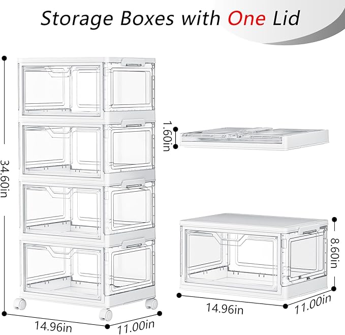 SNSLXH Portable Clear Storage Bins with Lid & Wheels, 24QT Clear Storage Bins with Lid, 4-Tier Plastic Bins with Wheels, Stac