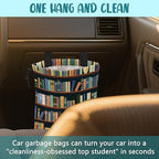 Car Trash Bag Books on Shelves Leak-Proof Car Garbage Bag with Drawstring Foldable Canvas Trash Bin with Adjustable Buckle for Car Accessories