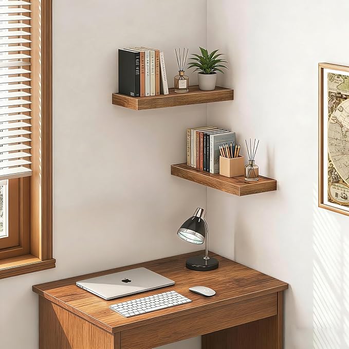 15.7 inch Rustic Brown Floating Shelves Set of 2, Solid Wood Wall Mounted Shelves, Heavy Duty Display Storage Shelves for Bed