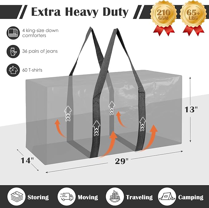 6 Pack Moving Bags with Full-Open Side Zipper, Extra Large 93L Heavy Duty Waterproof Foldable Storage Totes for College Dorm,