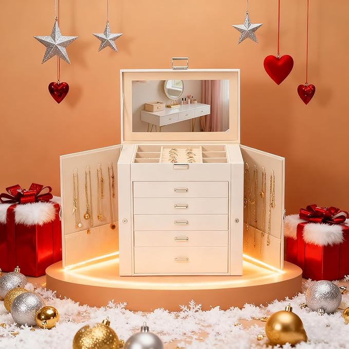 BOOVO Jewelry Box For women, 6 Layer Large Jewelry Organizer With Mirror, Multi-Function Storage Box With Lock, Necklace Hold