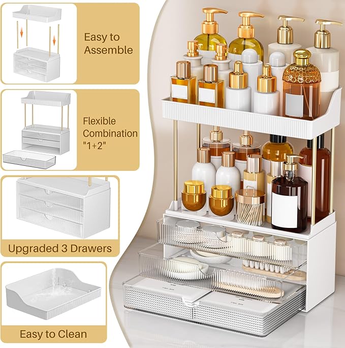 caktraie 12.2" W Makeup Organizer Drawers - 5 Tiers Bathroom Counter Organizer, Cosmetic Storage Drawer for Dresser Counterto