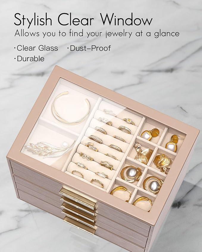 VLANDO 5 Layer Jewelry Box for Women, Glass Lid Jewelry Organizer with 5 Drawers for Necklaces Rings Earrings Bracelets - Tof