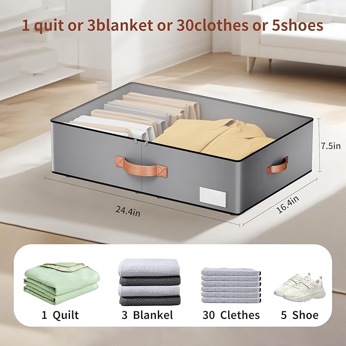 Under bed Storage With Wheels,Large Capacity 7.5 inches Height Storage Bins,Rolling Under bed Shoe Storage Containers,Under b