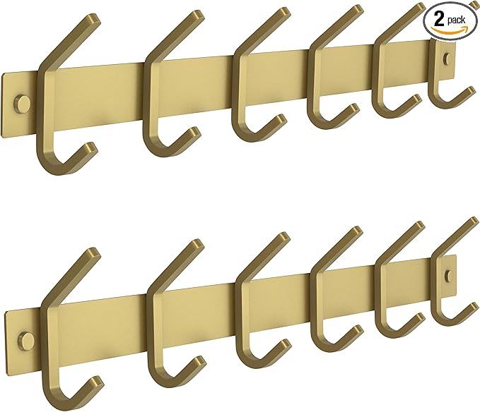 Brushed Gold Wall Mounted Coat Rack – 17 Inch Stainless Steel Rail with 6 Double Coat Hooks for Entryway, Bathroom, Bedroom, 