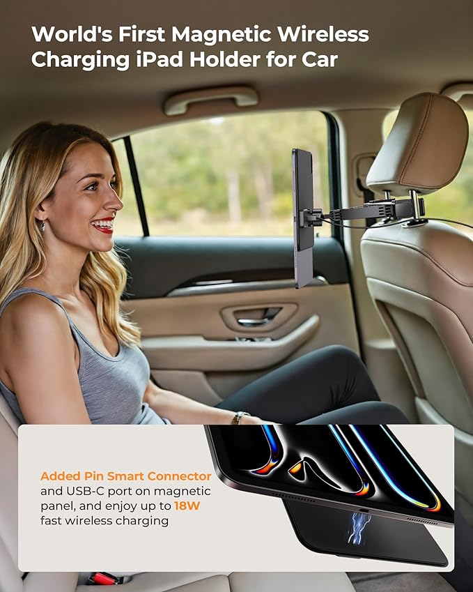KUXIU Magnetic Wireless Charging Car Headrest Tablet Holder for iPad Pro 12.9/Air 13 M2/M3, Tablet Car Back Seat Mount with Air Vent Stand,Road Trip Essentials Holder for iPad Pro 12.9 3rd/4th/5th/6th