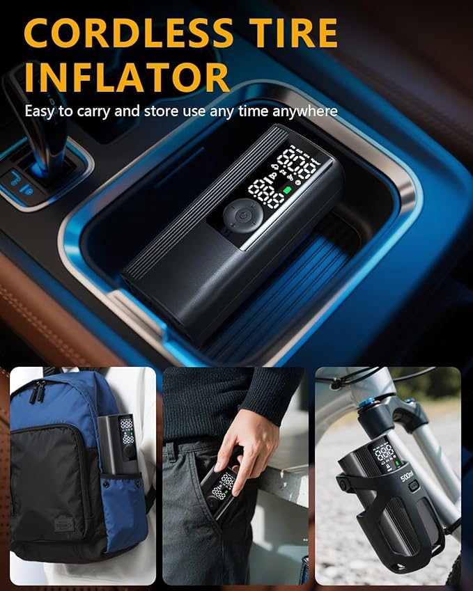 Tire Inflator Portable Air Compressor, 3X Faster Inflation Cordless Air Pump for Car Tires with Digital Pressure Gauge/LED Light, 150PSI Tire Pump with Auto Shut-Off for Car, Motorcycle, Bicycle, Ball