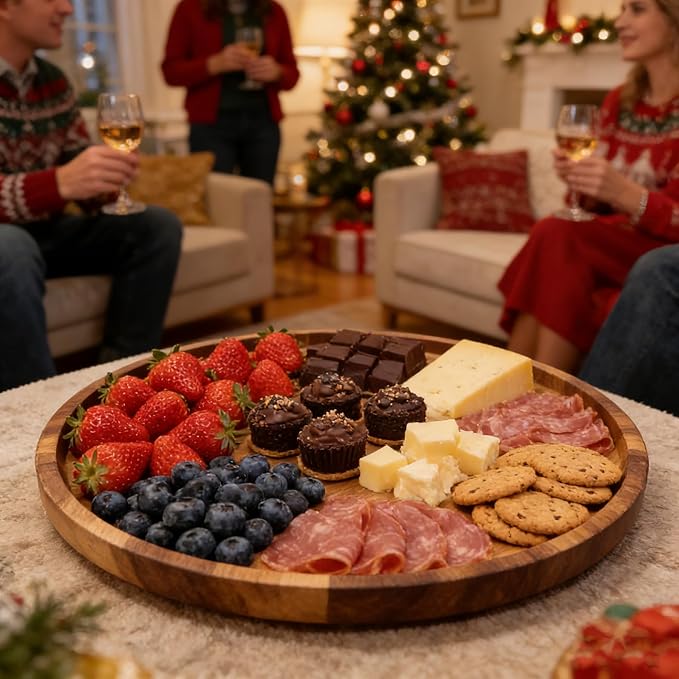 Utoplike Large Acacia Lazy Susan for Table Top, Rotating Round Serving Tray, 17.7'' Wood Charcuterie Board with Raised Edge a