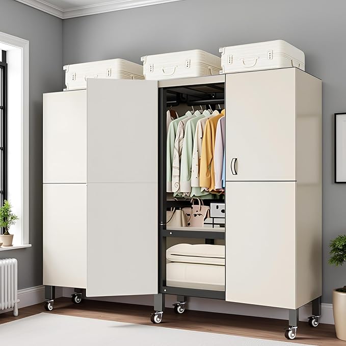Foldable Portable Wardrobe On Wheels, Freestanding Garment Rack, with Magnetic Door 2000lbs, Heavy Duty Clothes Rack, for Bed