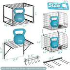 ThreeHio Garage Shelf Wall Mounted with Wire baskets, Heavy Duty Garage Wall Shelving with Garden Tool Rack and Hooks, Wire S