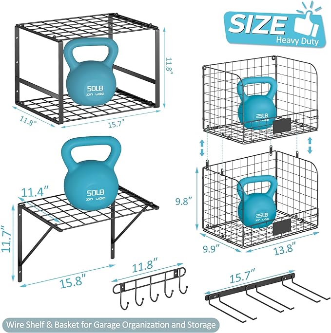 ThreeHio Garage Shelf Wall Mounted with Wire baskets, Heavy Duty Garage Wall Shelving with Garden Tool Rack and Hooks, Wire S