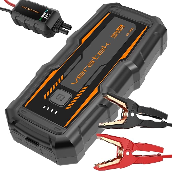ReelCharge - Veratek V6 Pro 1000A Car Battery Jump Starter Portable (6.0L Gas & 3.0L Diesel) – 12V Lithium Battery Booster Pack with SmartCharge Safety, Jumper Cables, 10000mAh Power Bank, Jump Box.
