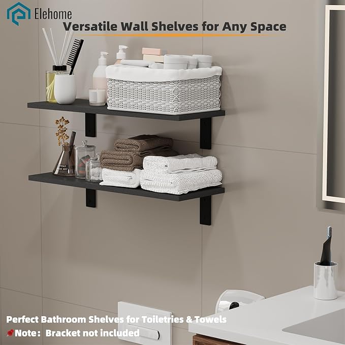 Floating Shelf Board for Wall 5/8" – No Brackets – 24" L x 8" W x 0.6" T Black Melamine Wood Floating Shelves for Bathroom, K