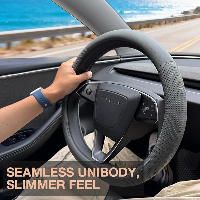 PINCTROT Nappa Leather Steering Wheel Cover for Tesla Model Y/3 Highland/Juniper, D Shaped 14 Inch Small Sized with Breathabl