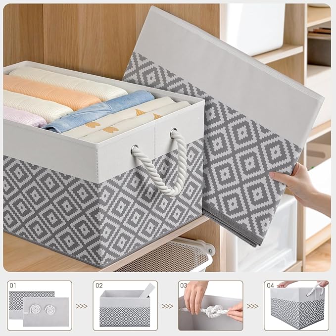 StorageTastic Storage Bins, 3-Pack Large Storage Box with Rope Handles, Collapsible Storage Basket for Organizing Books, Clot