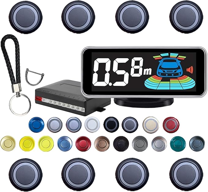 Backup Parktronic System Car Auto Vehicle Reverse with 8 Parking Sensors kit, LCD Display, Distance Detection (Meter/Foot Switchable), Buzzer Alarm and Voice Prompt Function（Matte Black）