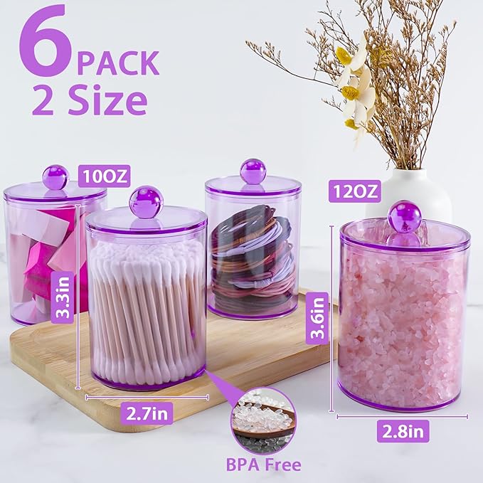 XIPENGKEJI 6 Pack Qtip Holder,Canister Apothecary Jar Set, Bathroom Jars with Lids Set for Cotton Swabs, Balls, Pads, Floss P