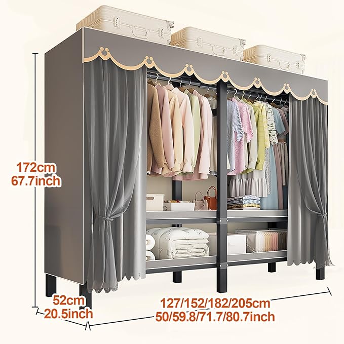 Portable Foldable Wardrobe Closet with Cover, 1200lbs Garment Rack for Hanging Clothes, Enclosed Coat Storage Organizer with 