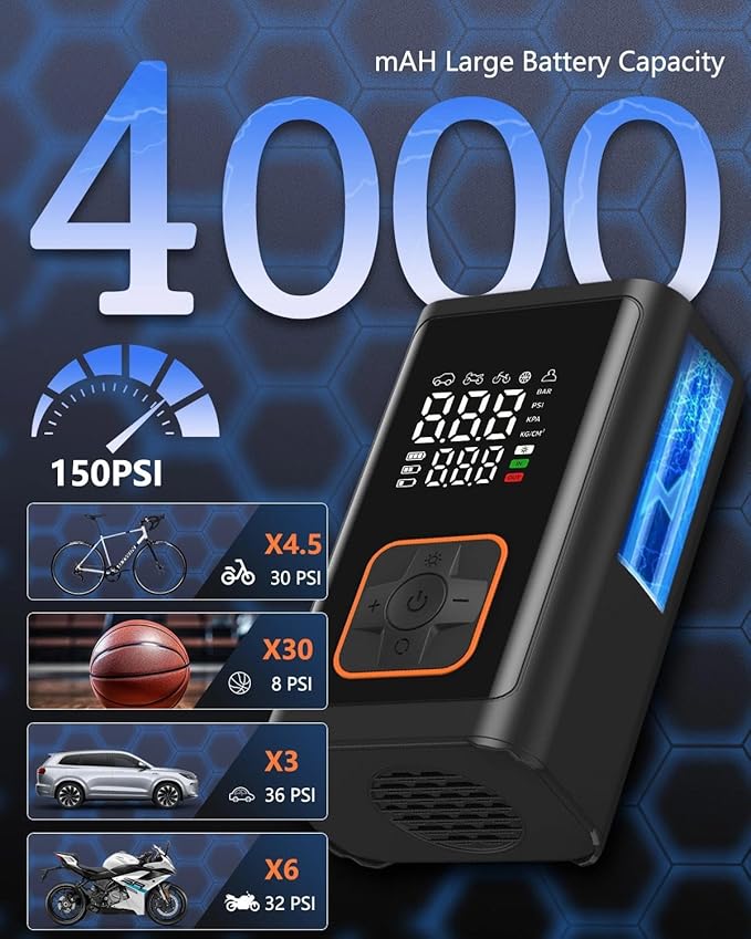 Tire Inflator Portable Air Compressor Cordless -150PSI Electric Air Pump & Digital Pressure Gauge, Air Compressor for Car Tires, for Bike Motorcycle Balloons, Emergency LED Light