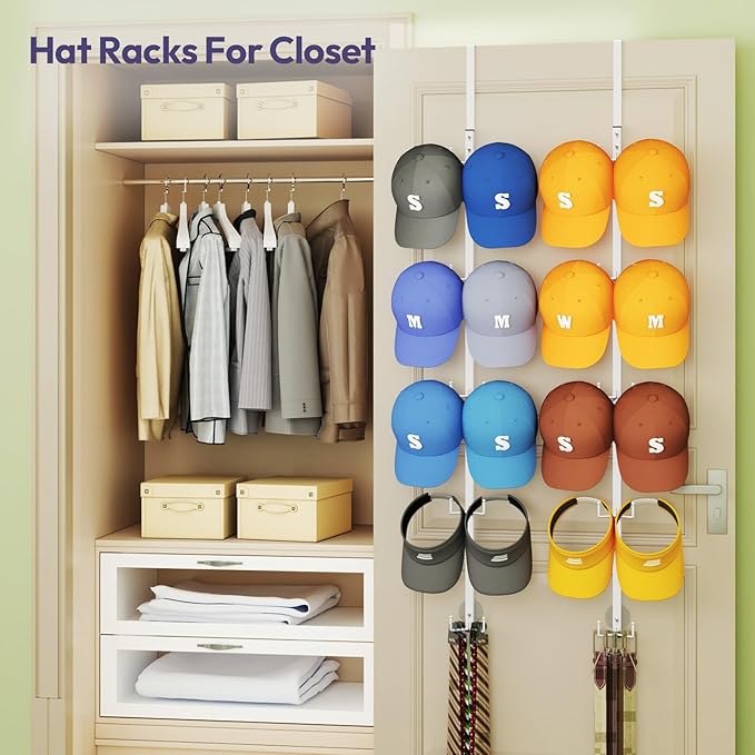 SWTYMIKI Over Door Hat Organizer - 2 Packs Metal Wall Mounted Hat Rack with 5-Tier Dual Hooks Design, Hanging Baseball Cap Or