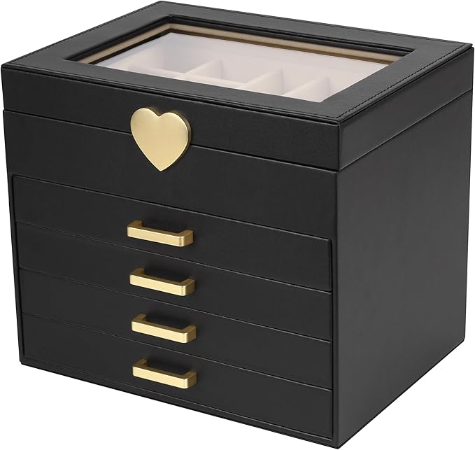 Kendal Jewelry Box, 5-Layer Jewelry Organizer Box with Glass Lid, Black, Heart Shaped PU Leather, Storage Box for Necklace Ea