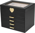 Kendal Jewelry Box, 5-Layer Jewelry Organizer Box with Glass Lid, Black, Heart Shaped PU Leather, Storage Box for Necklace Ea
