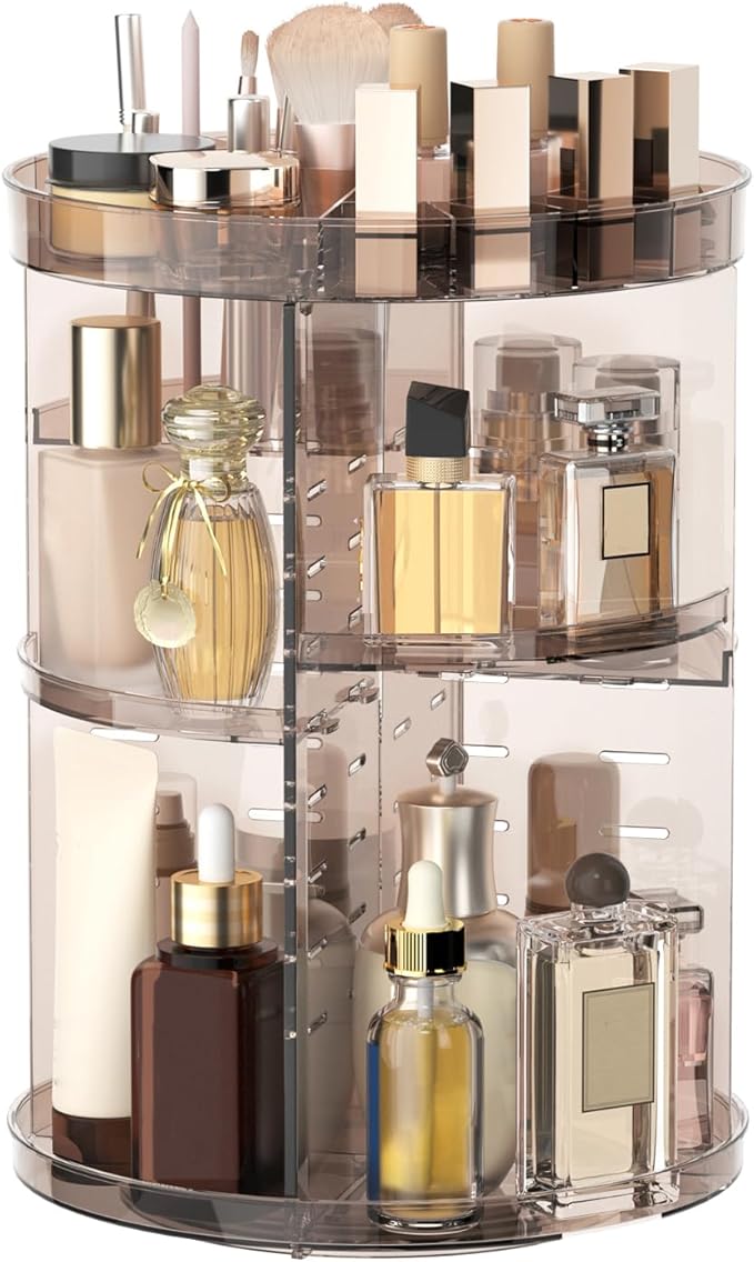 360 Rotating Makeup Organizer with Lipstick Slots, DIY 8 Adjustable Height Spinning Skincare Organizers, Brush and Perfume St