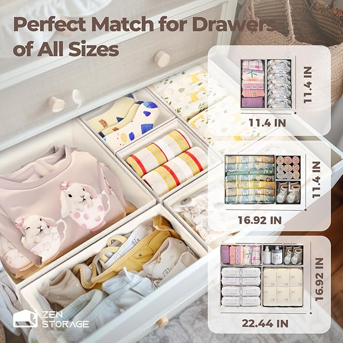 Cotton Linen Drawer Organizer for Baby Clothes, 12Pack Multi-Size Nursery Dresser Dividers for Clothes, Premium Foldable Stor