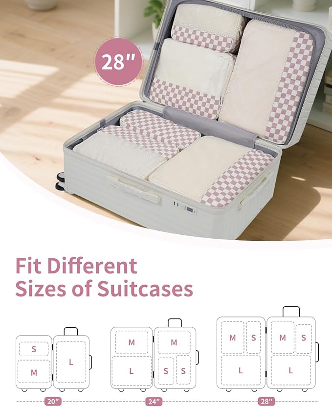 Narwey 7 Set Checkered Packing Cubes for Travel Carry on Suitcase Luggage Organizer Bags for Kids Women Men, Durable Packing 