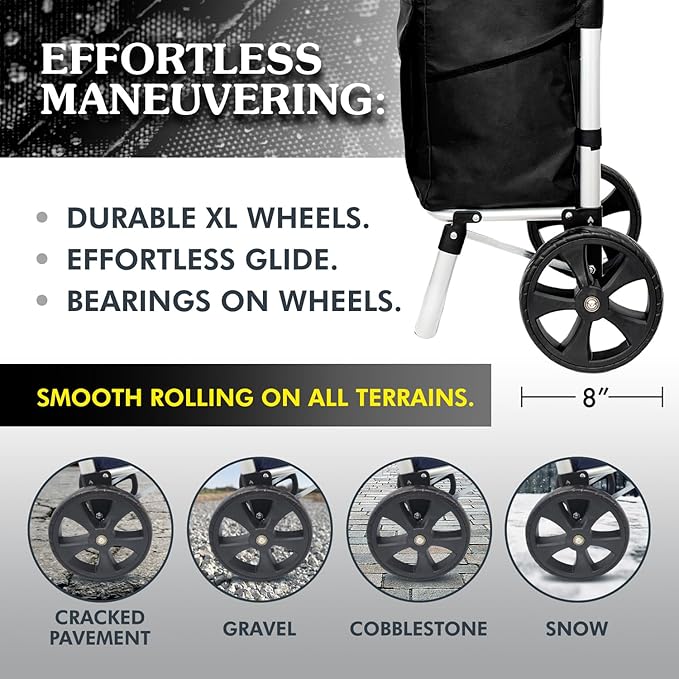 Ultra-Lightweight Black Foldable Shopping Cart for Groceries Large 42L Capacity Rubber Wheels, Removable Insulated Bag Liner, Durable Aluminum Frame, Multi-Function Personal Hand Truck