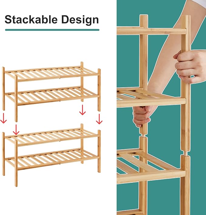 viewcare 4-Tier Bamboo Shoe Rack for Entryway, Stackable | Foldable | Natural, Shoe Organizer for Hallway Closet, Free Standi