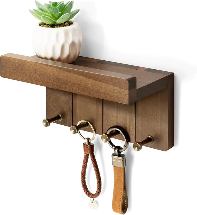 Rebee Vision Farmhouse Key Holder Wall Mount - Small Key Rack & Mail Organizer for Wall with 4 Key Hooks & Small Shelf - Home