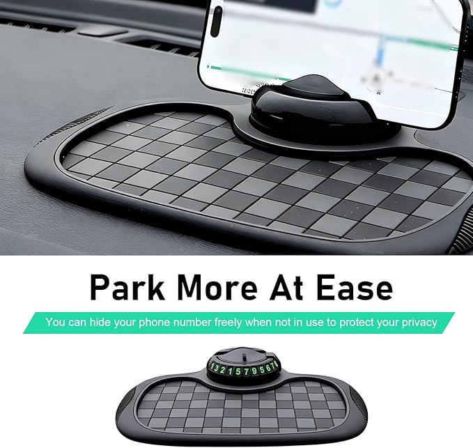 Car Dashboard Phone Holder, Multifunction Dashboard Anti Slip Mat with Temporary Parking Number, 3360 Degrees Rotatable Car C