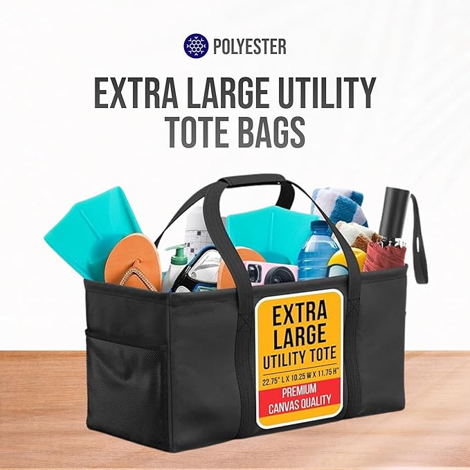 Extra Large Utility Tote Bag - Oversized Collapsible Large Beach Bag, Great for Pool with Sturdy Frame, Extra Side Pockets and Tons of Storage