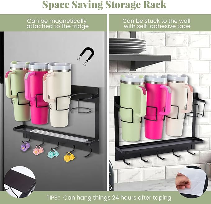 CINPIUK Water Bottle Organizer Holder, Magnetic Cup Rack Storage for Stanley & Large Tumbler, Space Saving Wall Mount Bottle 