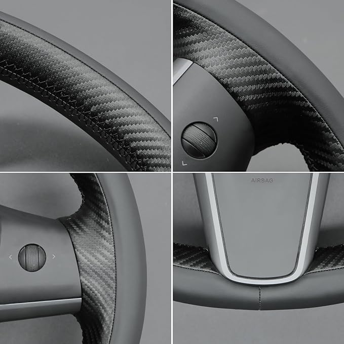 MEWANT Hand Stitched Real Leather Steering Wheel Cover for Tesla Model 3 2017-2023 / Model Y 2020-2023 for Tesla Model 3/Y Accessories(3D Style)