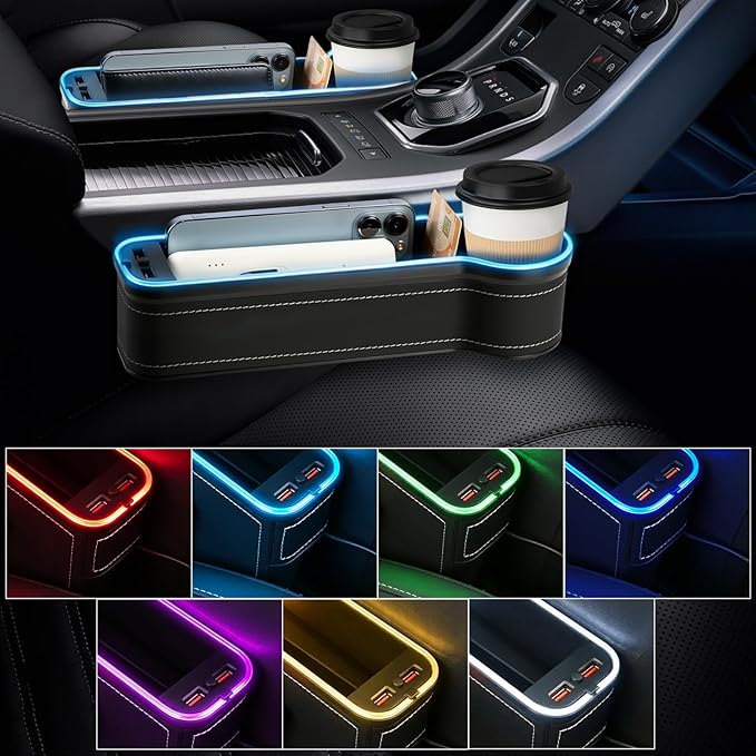 2 Pack Car Seat Gap Organizer Filler Multifunctional Seat Gap Storage Box with USB Fast Charger Car Seat Pockets with Led Light Car Seat Gap Filler with Cup Holder