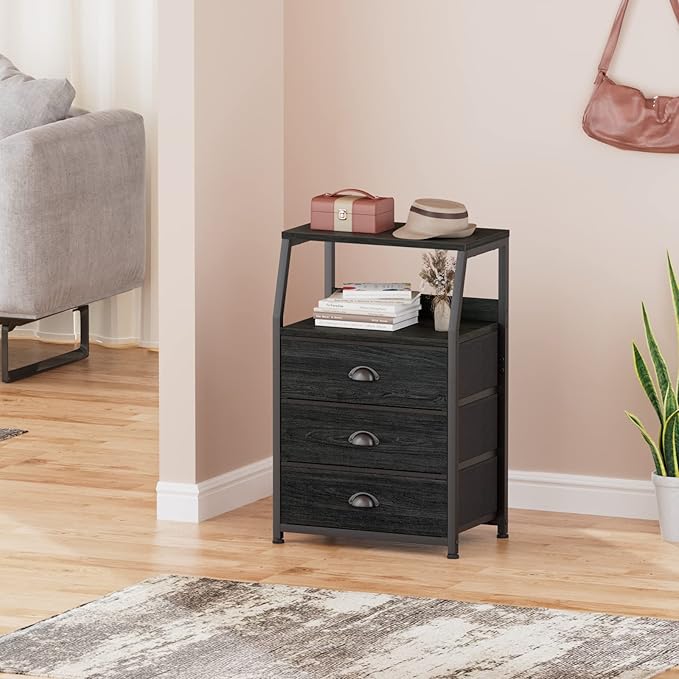 Furnulem Black Night Stand, Small Dresser for Bedroom, Nightstand with 3 Fabric Storage Drawers and 2-Tier Shelf, End Table S