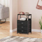 Furnulem Black Night Stand, Small Dresser for Bedroom, Nightstand with 3 Fabric Storage Drawers and 2-Tier Shelf, End Table S