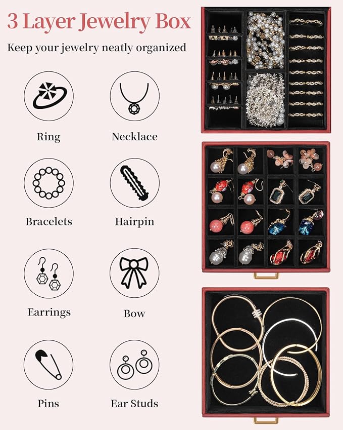 TORIBIO Jewelry Box for Women, Leather Jewelry Organizer with Mirror & Lock, 3-Tier Jewelry Storage Organizer with 2 Drawers 