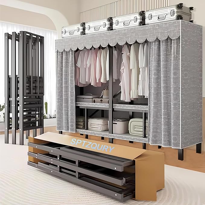 95.3in Heavy Duty Foldable Wardrobe with Cover, Portable Closets for Hanging Clothes, Load 1200lbs, Large Capacity Freestandi