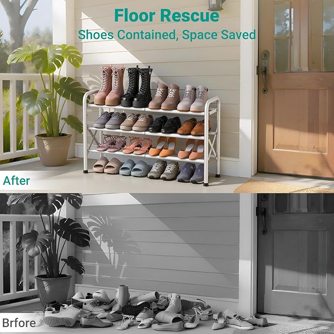 YEASHEIN 3-Tier Expandable Shoe Rack for Closet Floor, X-Frame Metal Small Shoe Rack for Entryway, Adjustable Shoe Shelf Orga