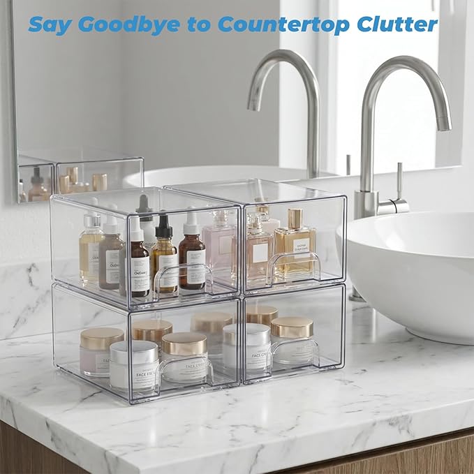 Acrylic Stackable Storage Drawers, [2-Pack] Clear Organizer Bins with Built-in Handles, Smooth Slide-Out Design for Vanity, U