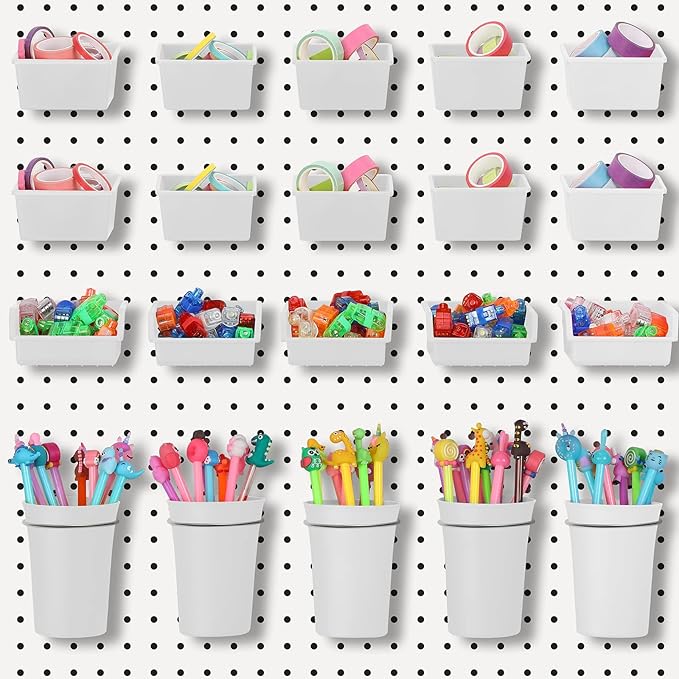 Yookeer 20 Pcs Pegboard Bins and Cups with Hooks and Loops Peg Assortment Organizer Accessories Various Tool Organizer Pegboa